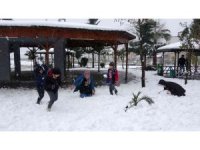 Lapa lapa yağan kar altında çocukların kartopu keyfi