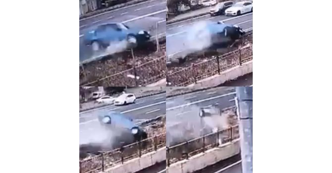 Otomobilin drenaj kanalına uçtuğu anlar görüntülendi