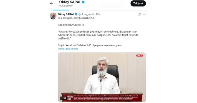 Cumhurbaşkanı Başdanışmanı Saral’dan Kuytul’a tepki: "Senin de suyun yeterince ısındı Kuytul"
