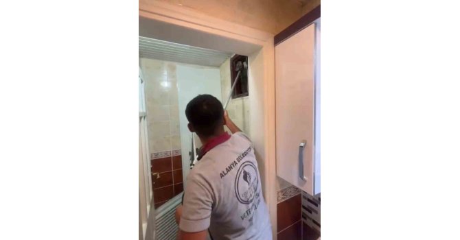 Alanya’da havalandırma bacasına düşen kedi ekipler tarafından kurtarıldı