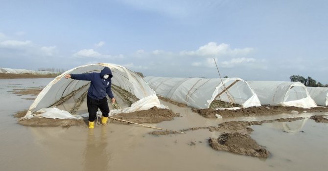 Çiftçi su baskınları sonrası seralarına girdi, çamur sebebiyle yürümekte bile zorlandı