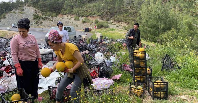 Sebze yüklü kamyon yan yattı