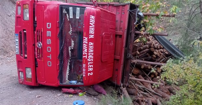 Odun yüklü kamyon devrildi