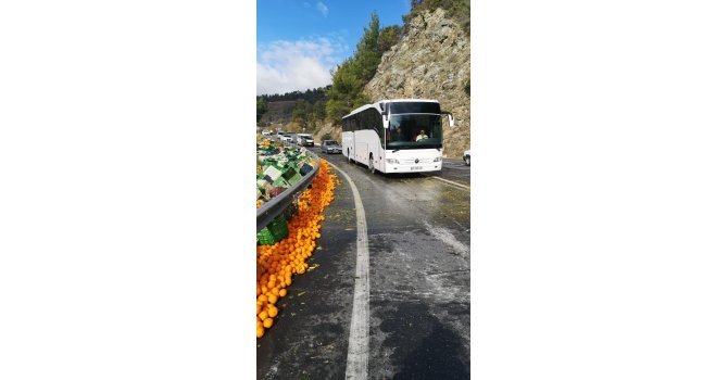 Viraja hızlı giren tırın dorsesinde yüklü bulunan portakallar yola savruldu