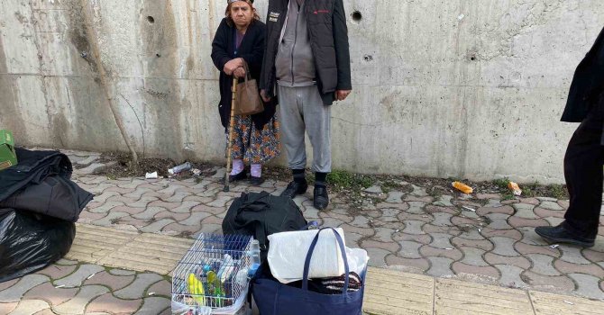 Yaşlı çift deprem bölgesinden başka şehre sevki için kuşlarıyla bekledi