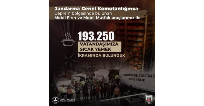 Jandarma Genel Komutanlığı, deprem bölgesinde 193 bin 250 vatandaşa sıcak yemek ikramında bulundu