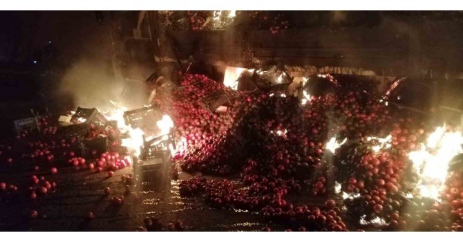 Domates yüklü kamyon yandı