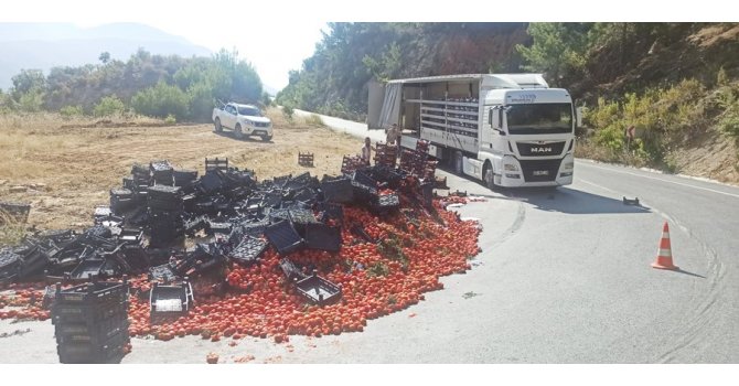 Domates yüklü tırın yükü yan yattı