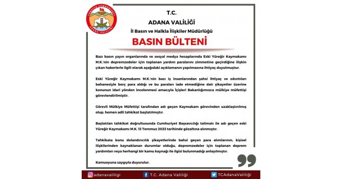 Adana Valiliğinden gözaltına alınan kaymakam ile ilgili açıklama