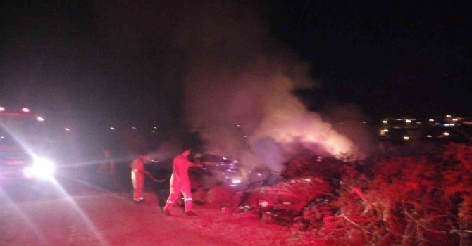 Çay kenarına atılan sera atıkları alev aldı