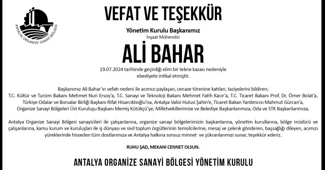 OSB'DEN VEFAT VE TEŞEKKÜR