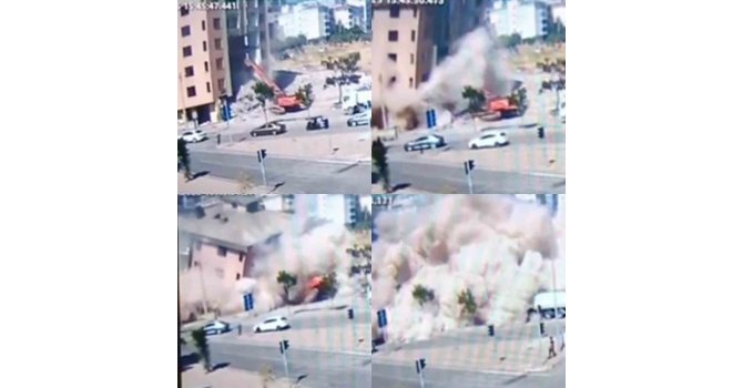 Binanın iş makinesinin üzerine çöktüğü anlar kamerada