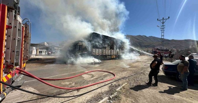 Saman yüklü kamyon elektrik tellerine takıldı, yangın çıktı