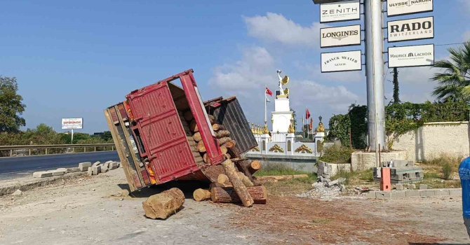 Lastiği patlayan tomruk yüklü kamyon devrildi, sürücü kazayı burnu bile kanamadan atlattı