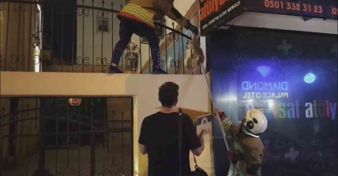 Demir korkulukta mahsur kalan kediyi itfaiye kurtardı