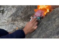 Suları çekilen Eğirdir Gölü’nde açığa çıkan kayalıkların arasından alevler yükseldi