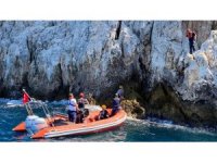 Denize sıfır sarp kayalıklarda mahsur kalan anne ve yavru yaban keçilerine kurtarma operasyonu