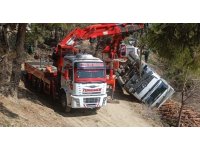 Tomruk yüklü kamyon devrildi sürücü yaralandı