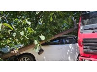 Kontrolden çıkan kamyon otomobile çarparak durdu